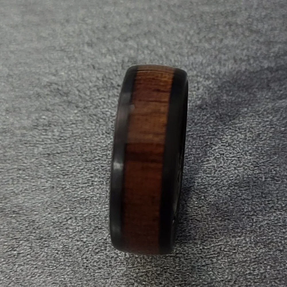 Personalized Engraved Men's Black Tungsten Wedding Ring Koa Wood Inlay